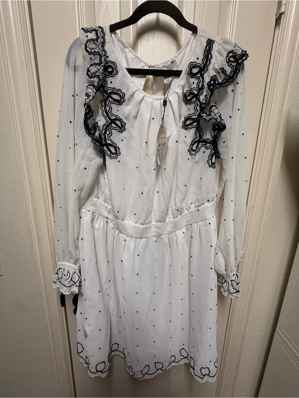 Girls White Dot Ruffle Dress with Navy Embroidery
